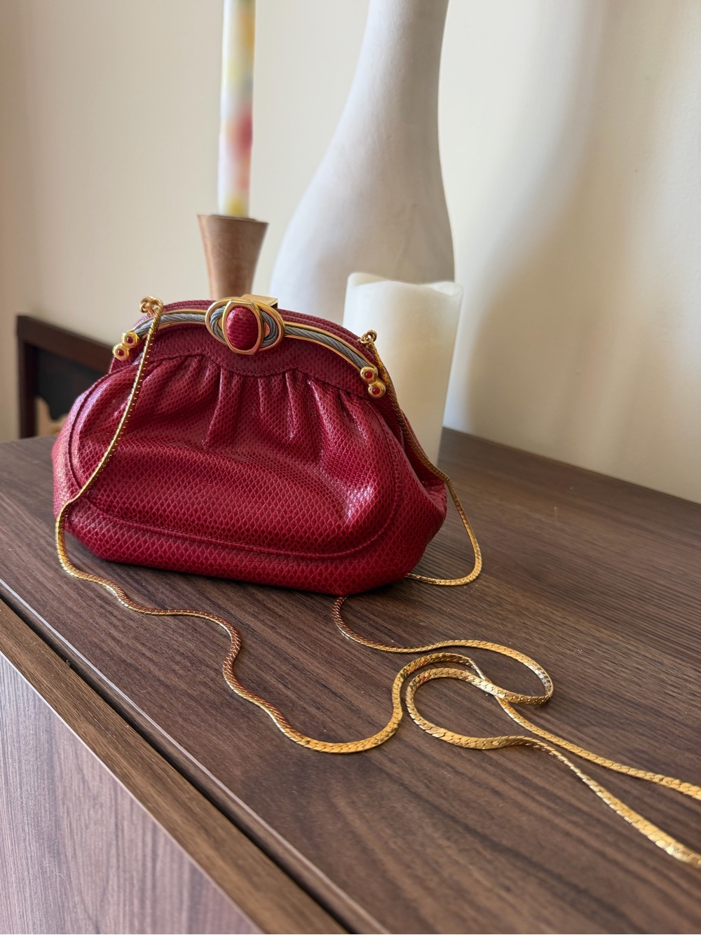 Red Textured Evening Clutch with Gold Chain